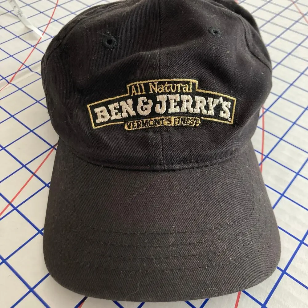 Vintage 90s Ben & Jerry's Ice Cream Black Embroidered Logo Baseball Hat OS FLAW